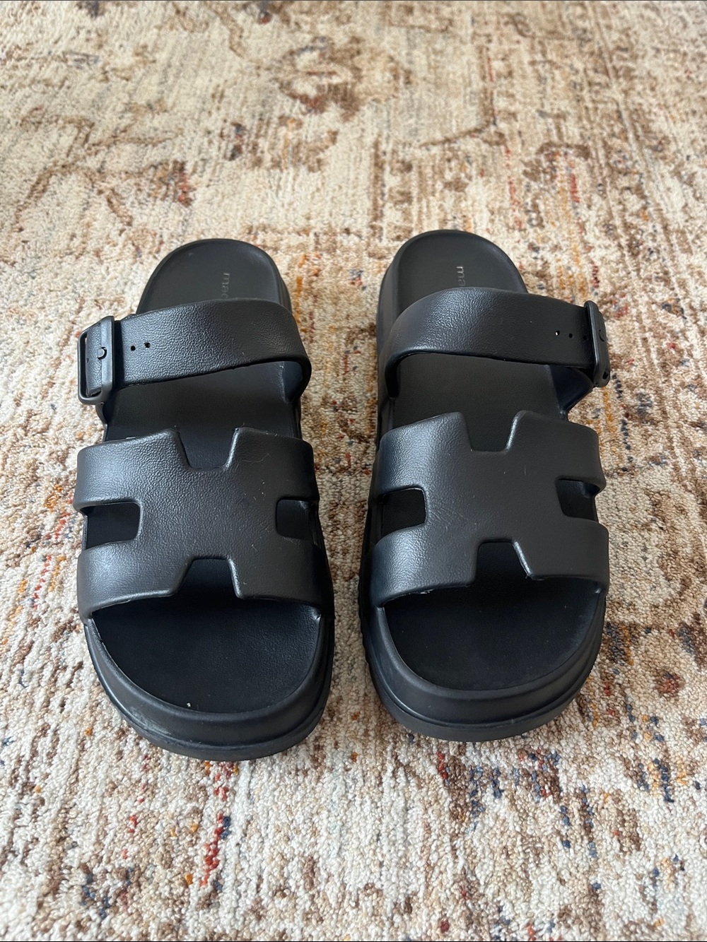 Madden Girl Black Double-Strap Slide Sandals with Buckle